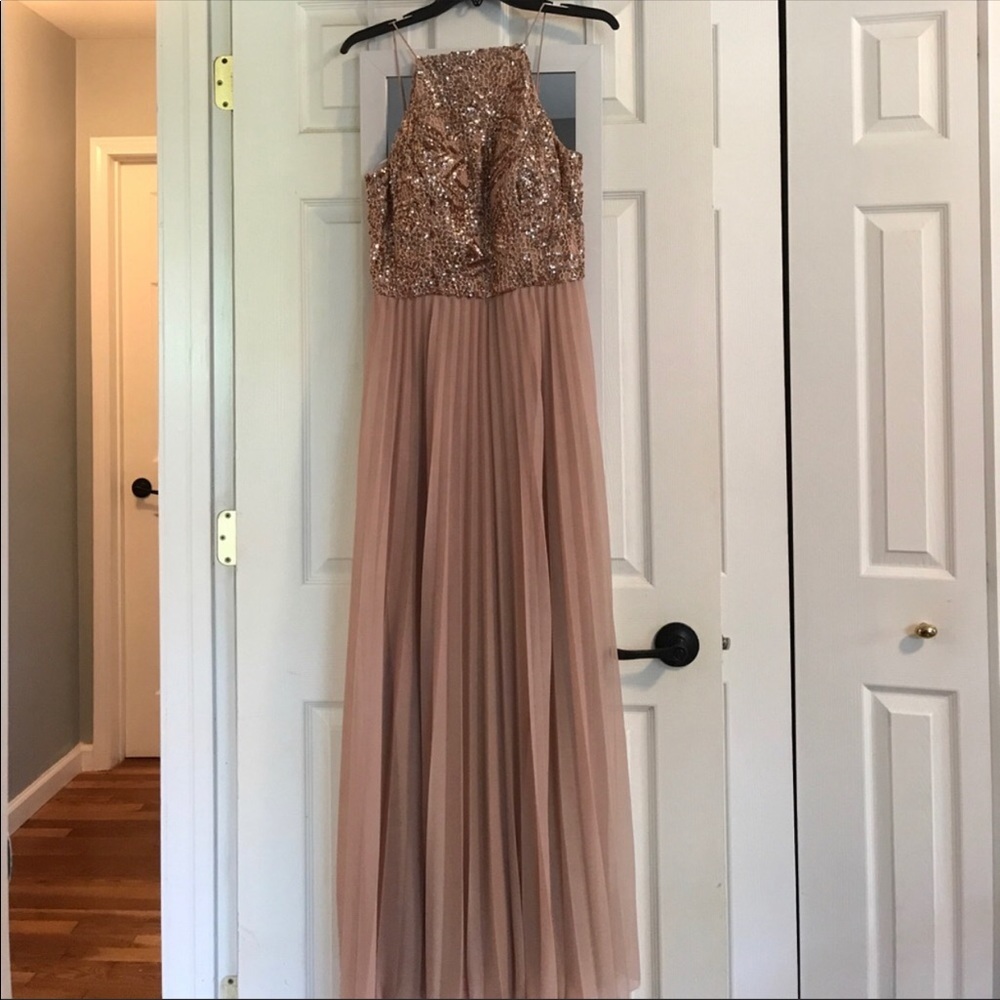 Formal blush maxi with rose gold embellishment